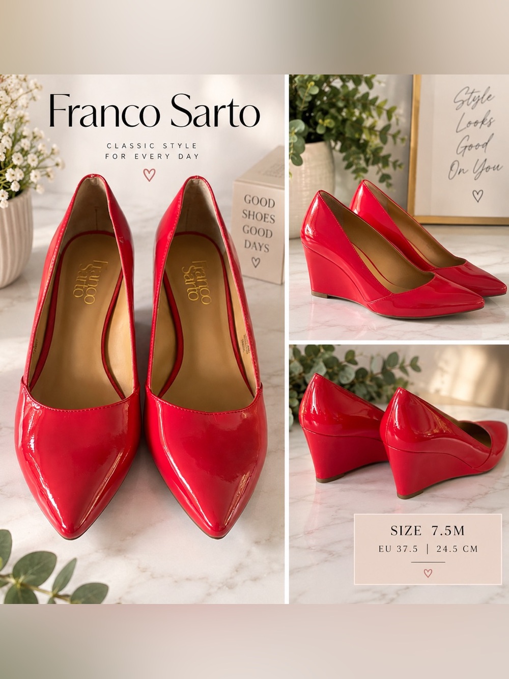 Franco Sarto Red Patent Leather Wedge Pumps Pointed Toe Size 7.5M